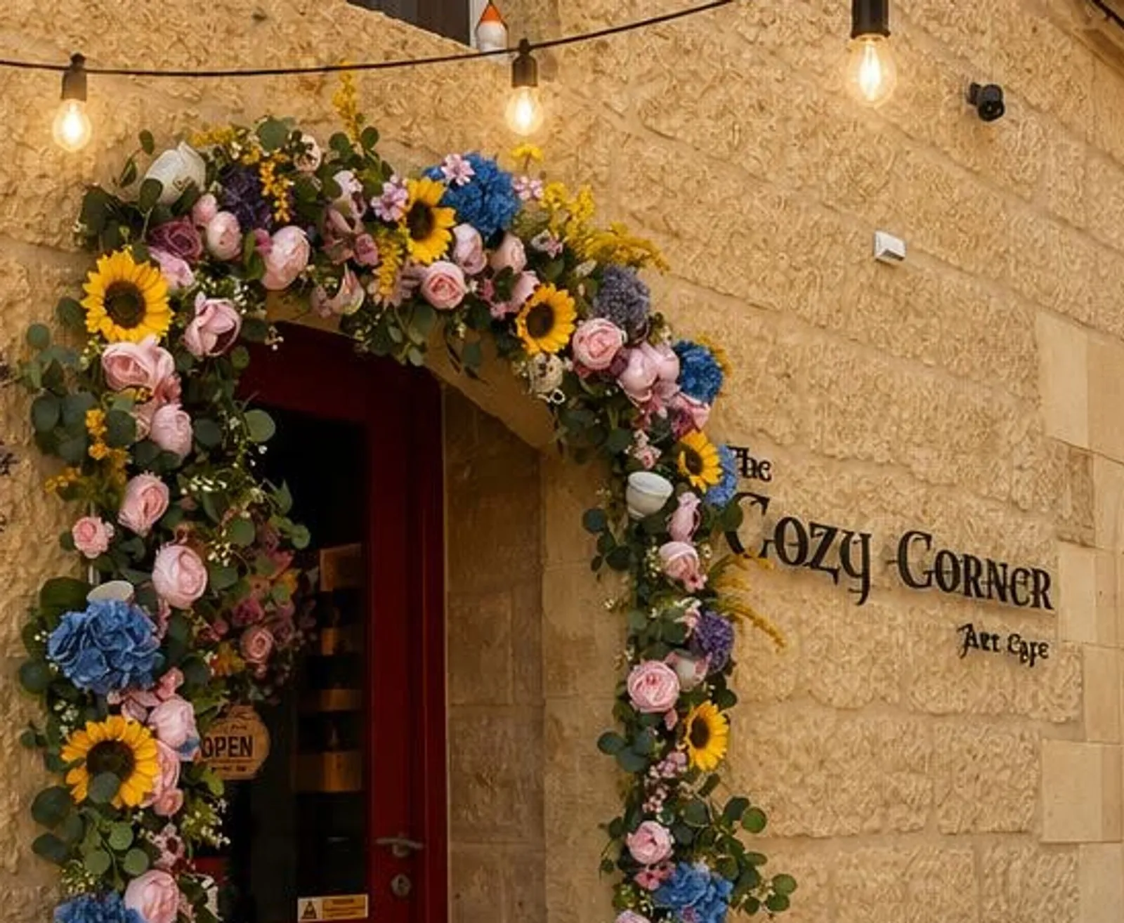 The flower-arched red door of The Cozy Corner Art Cafe in Xewkija, Gozo