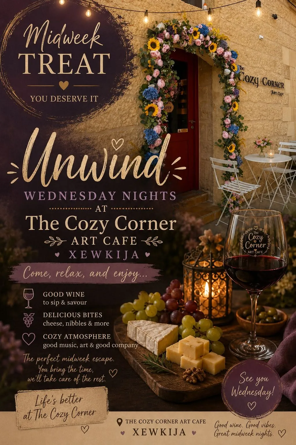 Unwind Wednesdays poster of The Cozy Corner Art Cafe, Xewkija