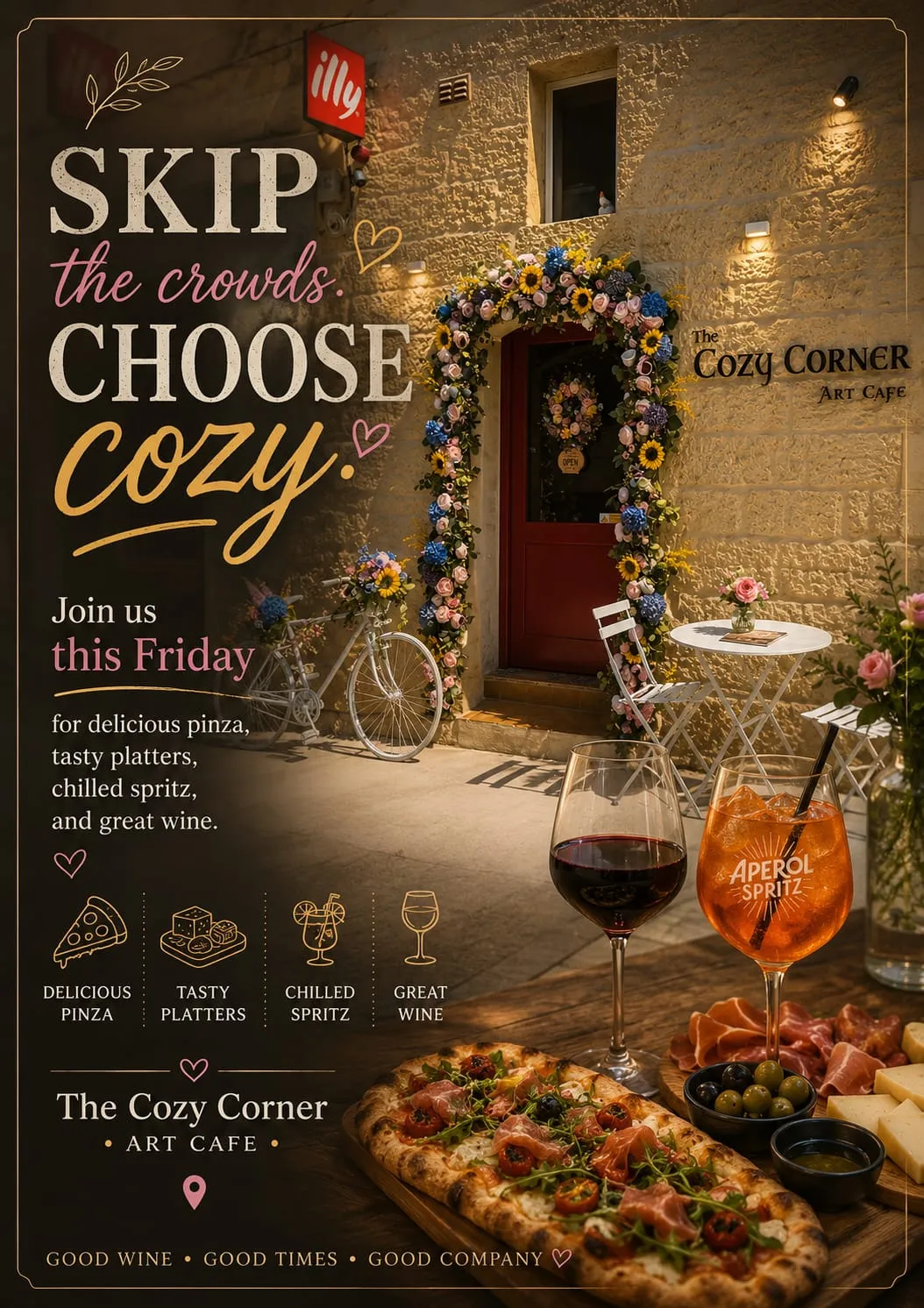 Friday evening poster of The Cozy Corner Art Cafe: pinza, platters, spritz and wine