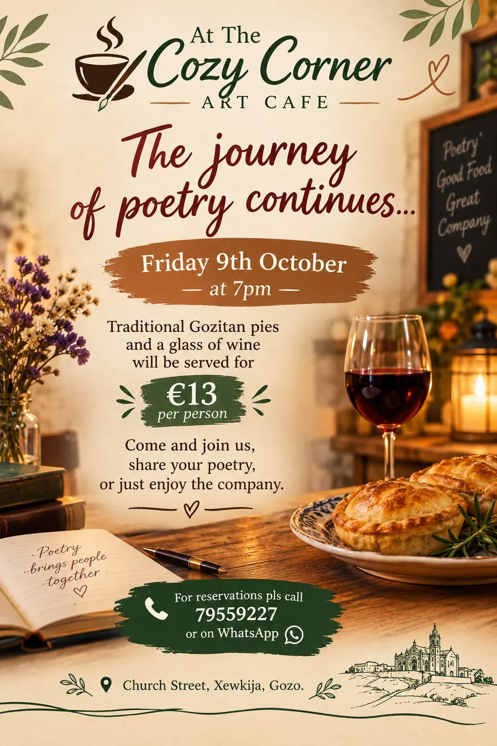 Poetry Evening poster of The Cozy Corner Art Cafe: Friday 9 October at 7pm, €13 per person